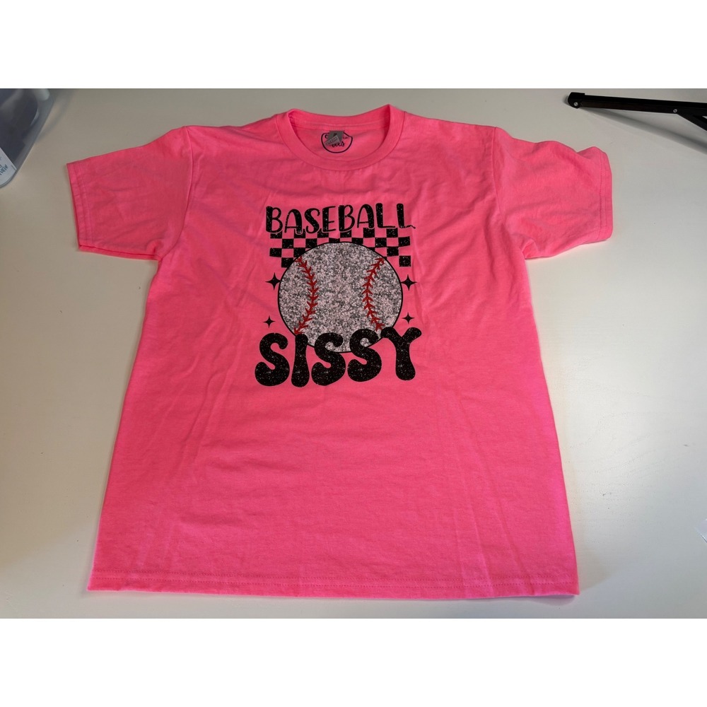 Baseball Sissy Graphic Tee Neon Pink Glitter Youth Large Short Sleeve T-Shirt